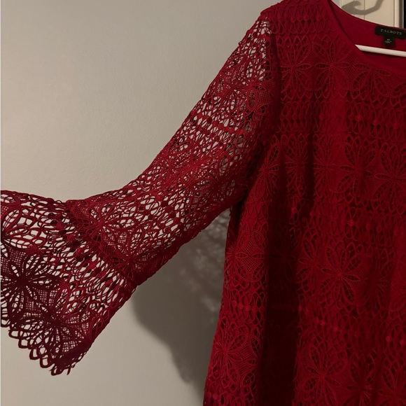 Red Lace Overlay 3/4 Bell Sleeve Top - Picture 4 of 5